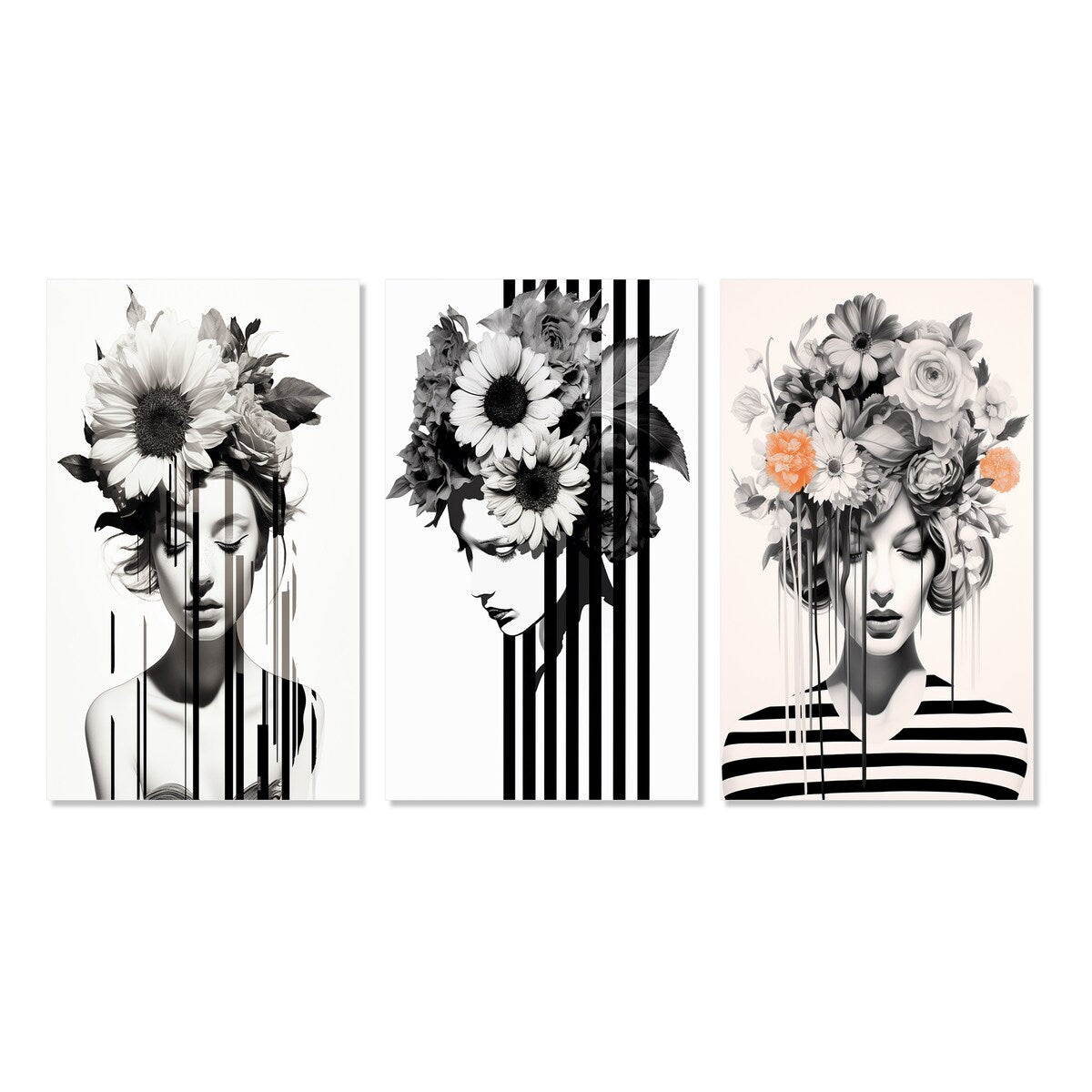 Designart "Vintage Minimalism Striped Woman Flowers VIII" Woman Floral Black - Gallery Set Of 3 For Office Decor