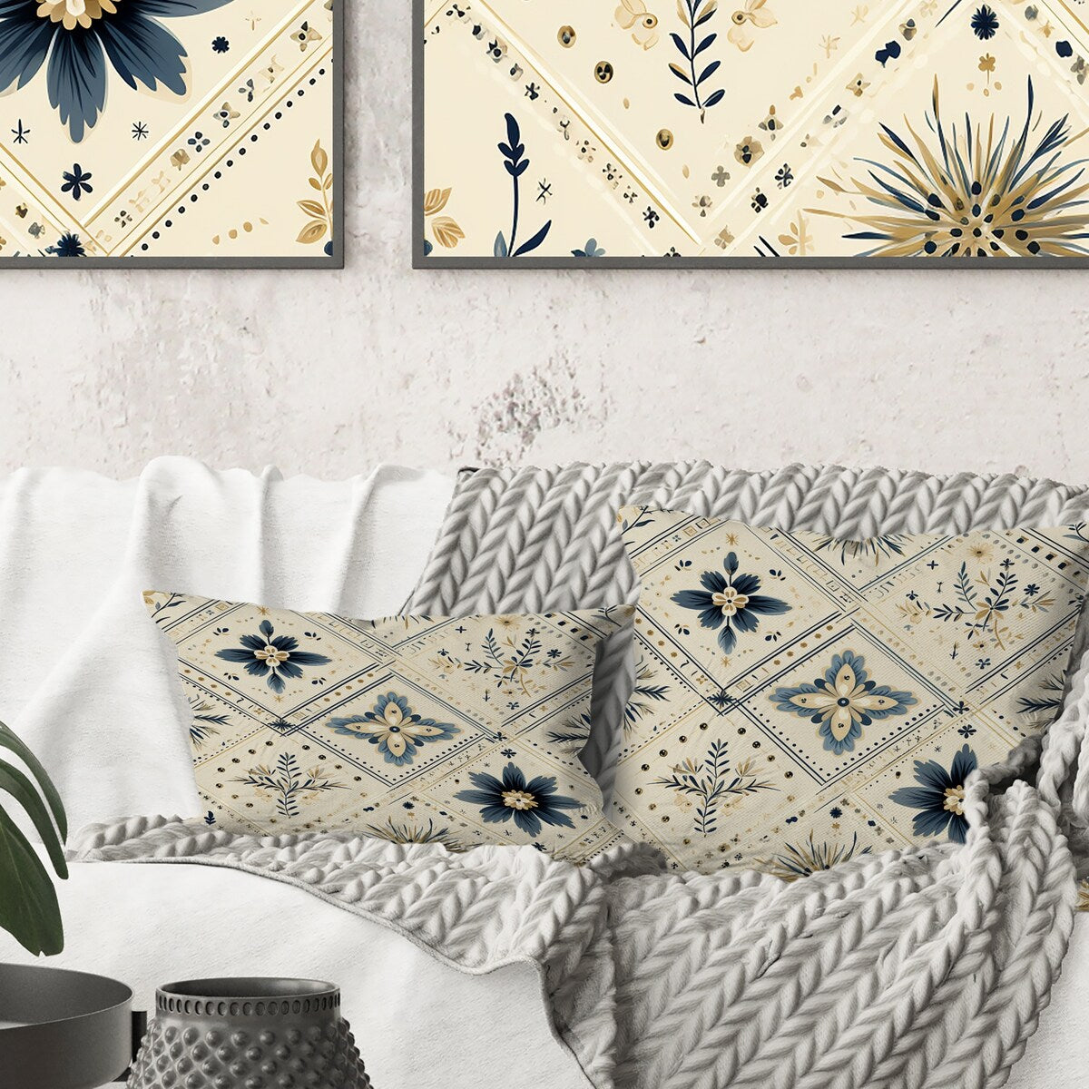 Designart "Vintage Neutrals Mosaic Flowers" Geometric Printed Throw Pillow