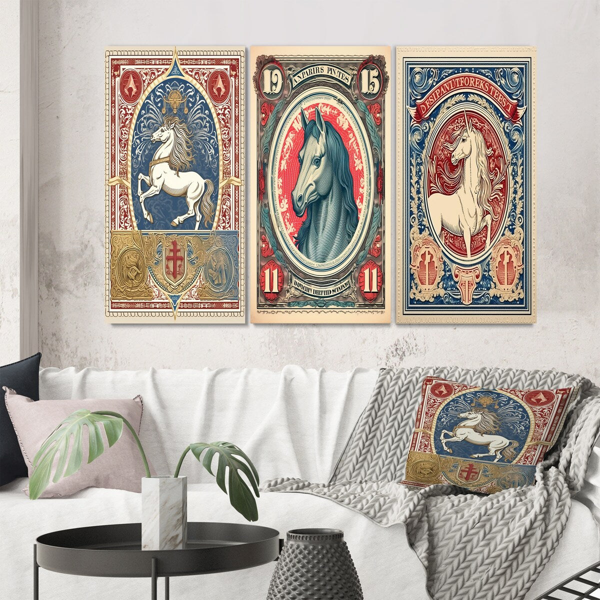 Designart "Vintage Stamp Portrait Of Horse II" Animals Horse White - Gallery Wall Set Of 3 For Home Decor