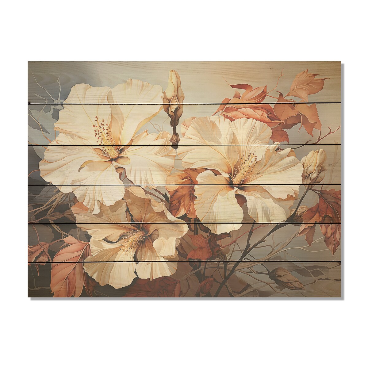 Designart "Vintage Toned Hibiscus Flowers Evoke Nostalgia" Hibiscus Wall Art Beige Wood Panel On Natural Pine Wood