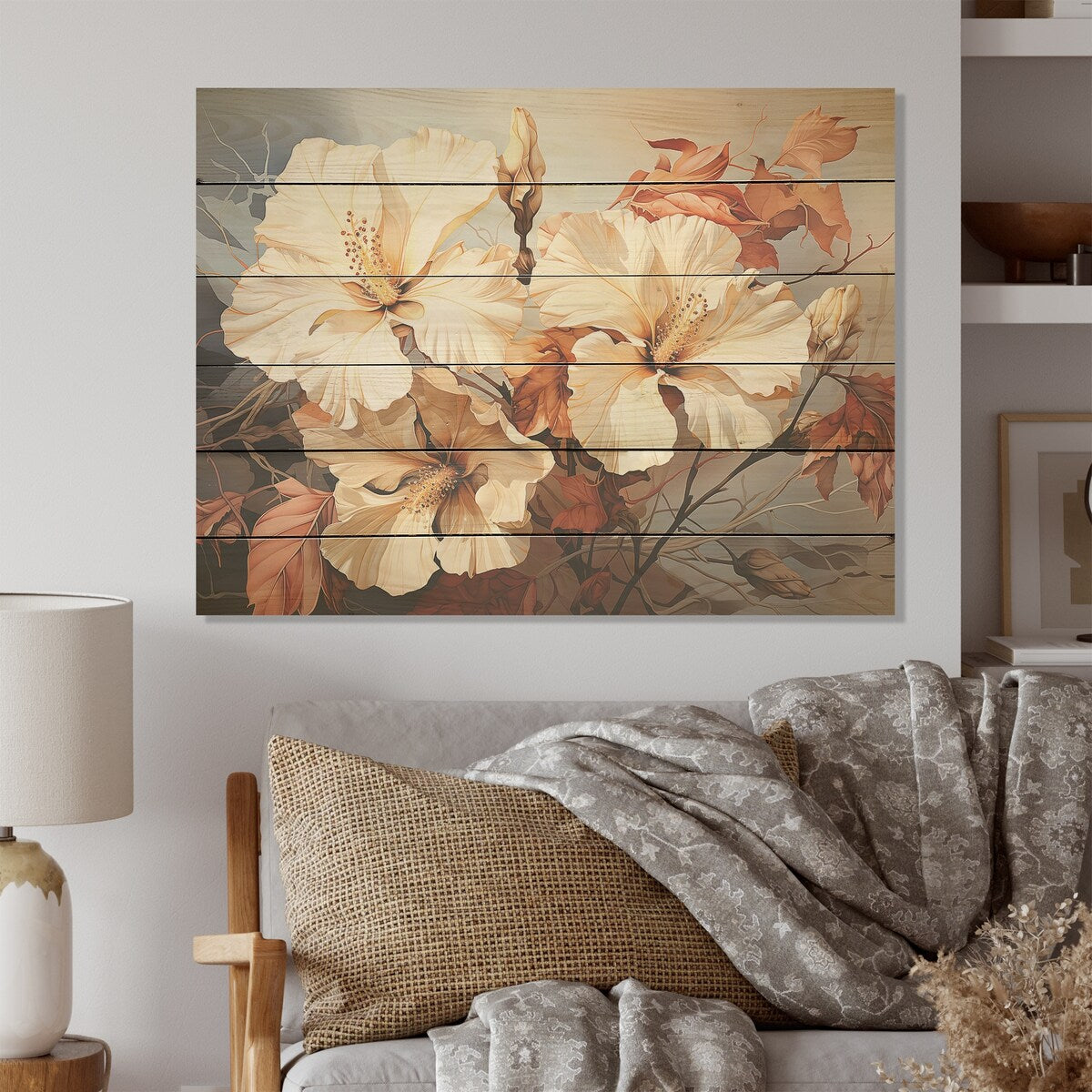 Designart "Vintage Toned Hibiscus Flowers Evoke Nostalgia" Hibiscus Wall Art Beige Wood Panel On Natural Pine Wood