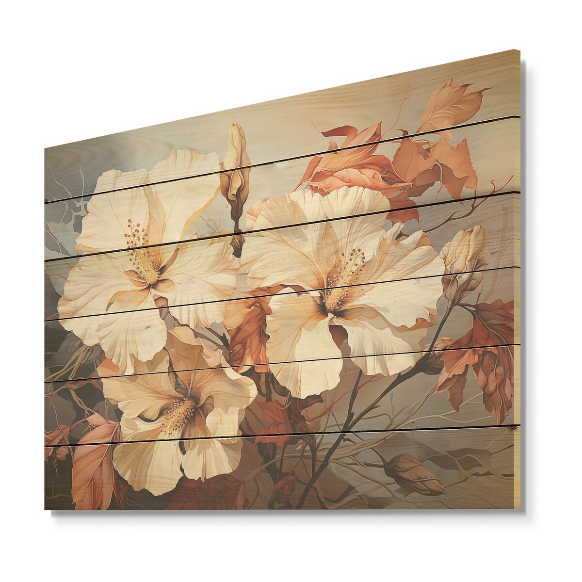 Designart "Vintage Toned Hibiscus Flowers Evoke Nostalgia" Hibiscus Wall Art Beige Wood Panel On Natural Pine Wood