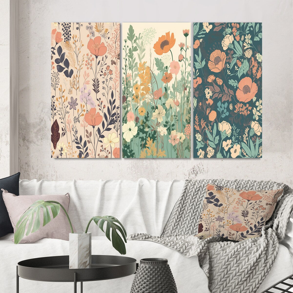 Designart "Vintage Wildflowers In Retro Pastel II" Abstract Botanicals Pink - Gallery Set Of 3 For Office Decor