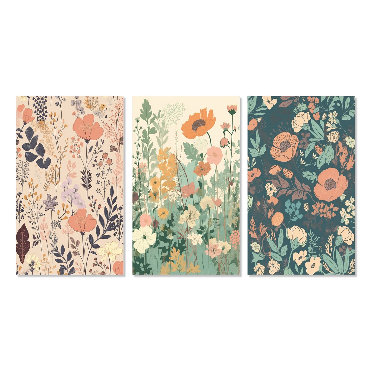 Designart "Vintage Wildflowers In Retro Pastel II" Abstract Botanicals Pink - Gallery Set Of 3 For Office Decor