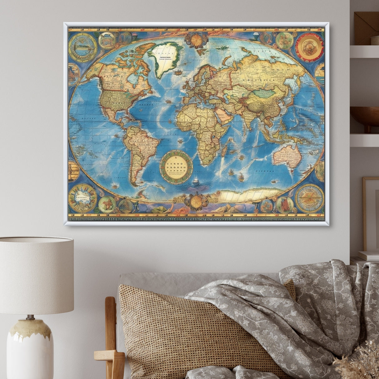 Designart "Vintage World Map II" World Map Framed Canvas Print
