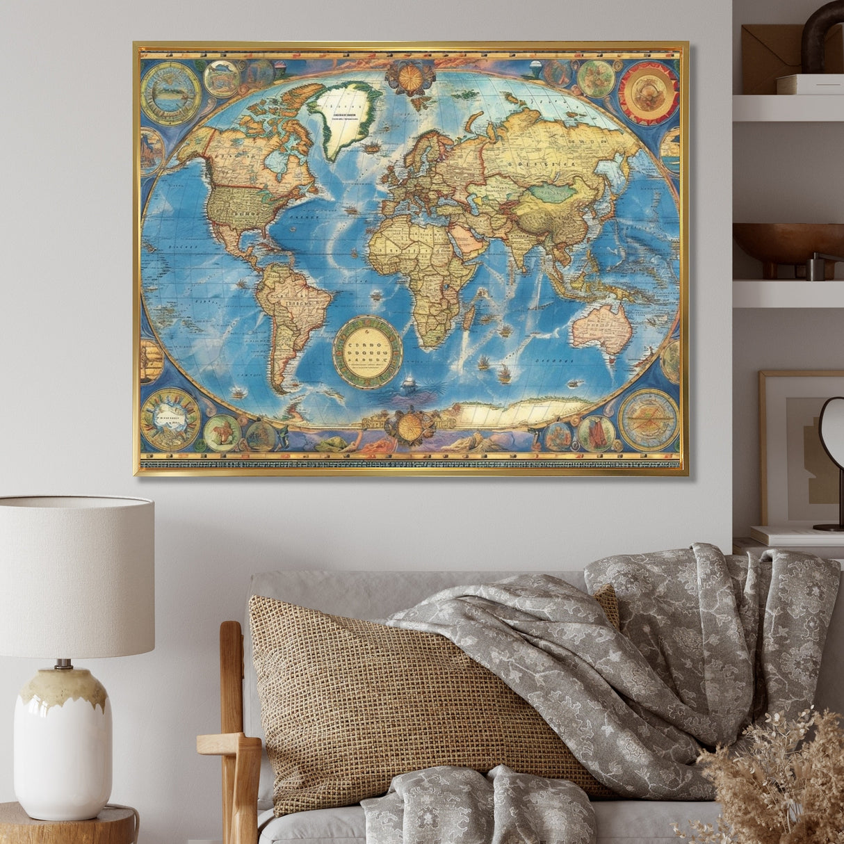 Designart "Vintage World Map II" World Map Framed Canvas Print