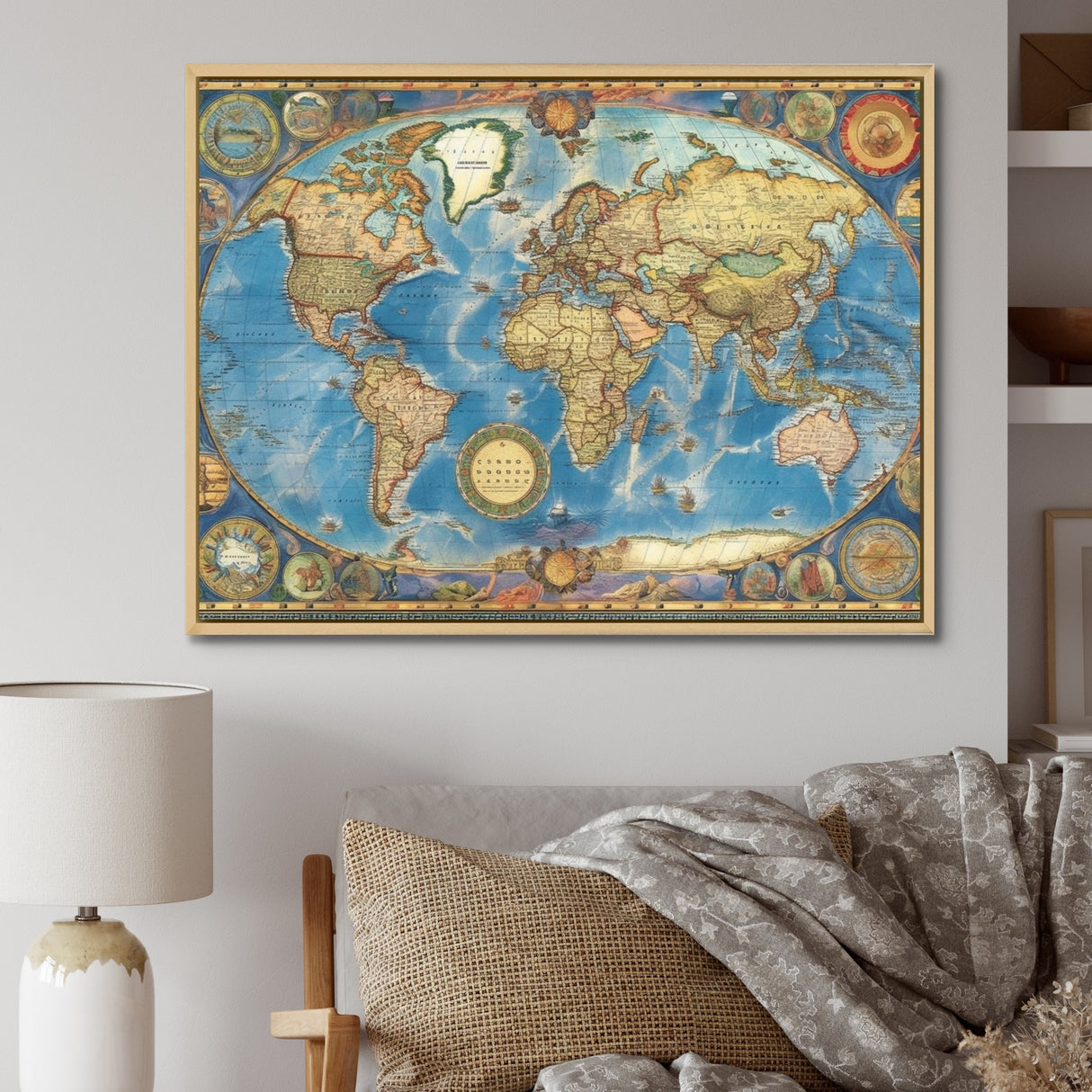 Designart "Vintage World Map II" World Map Framed Canvas Print