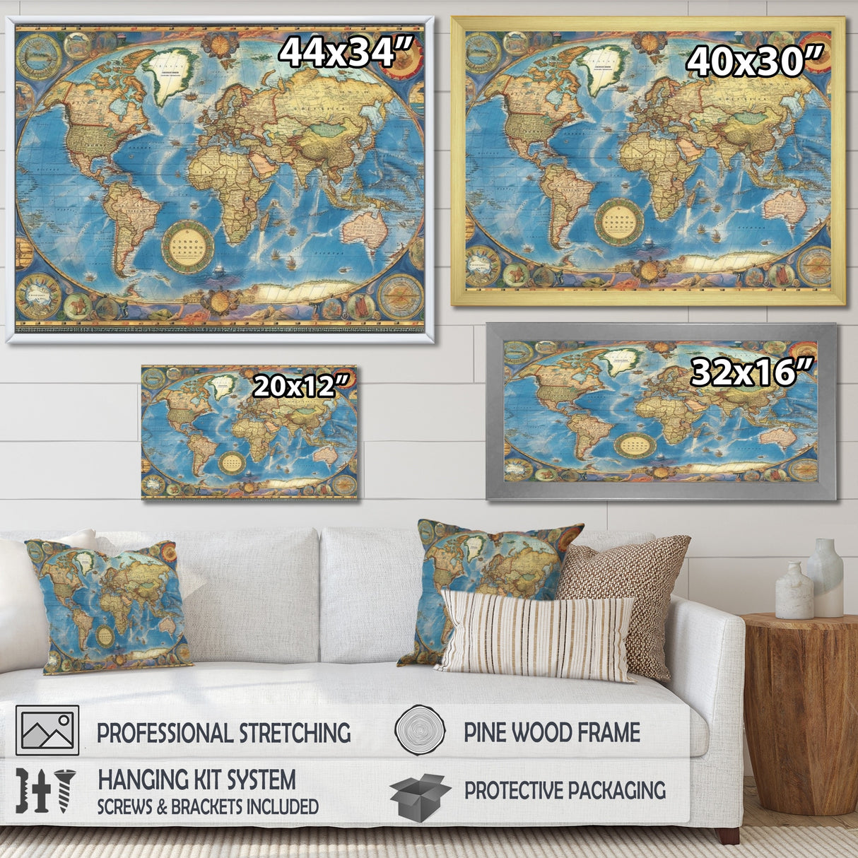 Designart "Vintage World Map II" World Map Framed Canvas Print