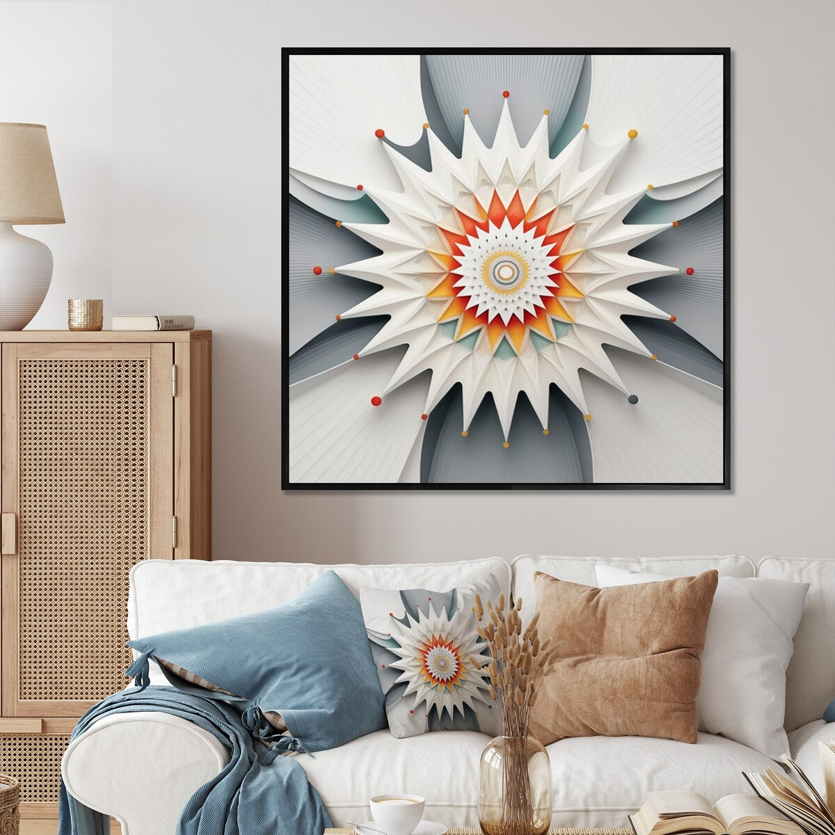 Designart "Visionary Dream Retro Mandala On White I" Abstract Spirals Framed Canvas Prints