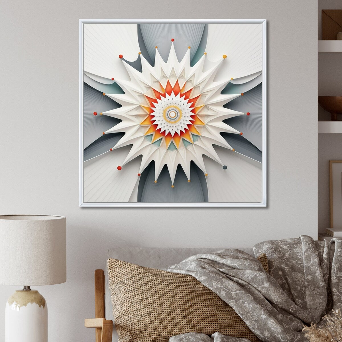 Designart "Visionary Dream Retro Mandala On White I" Abstract Spirals Framed Canvas Prints