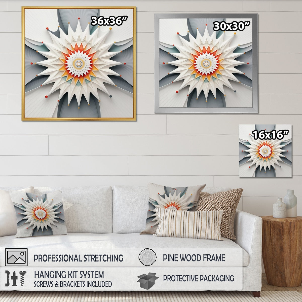 Designart "Visionary Dream Retro Mandala On White I" Abstract Spirals Framed Canvas Prints
