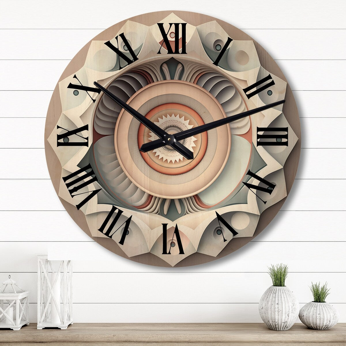 Designart "Visionary Dream Retro Mandala On White VII" Abstract Spirals Oversized Wood Wall Clock