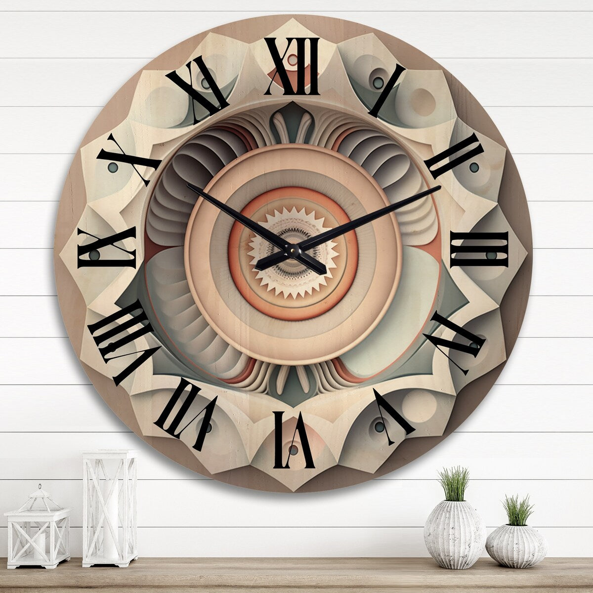 Designart "Visionary Dream Retro Mandala On White VII" Abstract Spirals Oversized Wood Wall Clock