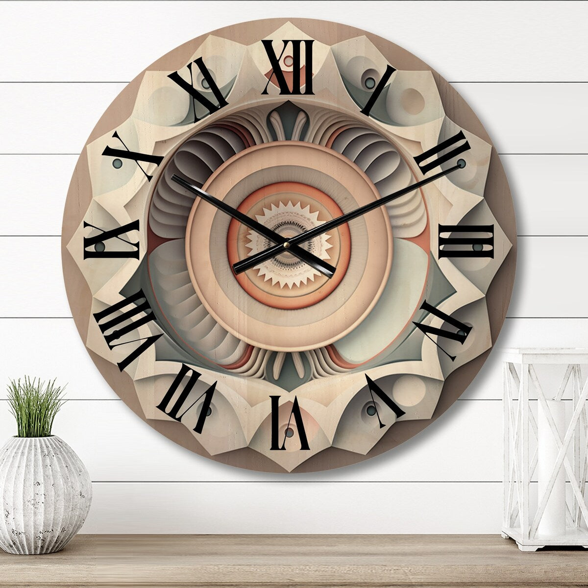 Designart "Visionary Dream Retro Mandala On White VII" Abstract Spirals Oversized Wood Wall Clock