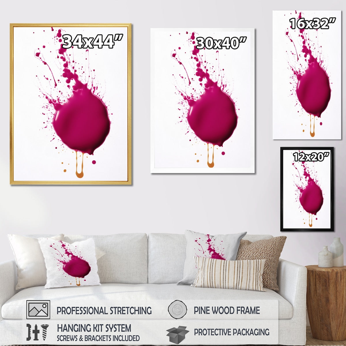 Designart "Viva Magenta Paint Splatter I" Abstract Painting Framed Canvas Wall Art