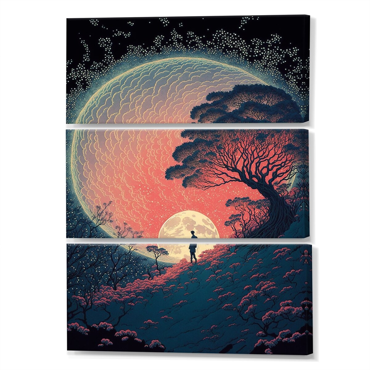 Designart "Walking Towards The Full Moon III" Cottage Lake Mountains Canvas Art Print - 3 Panels