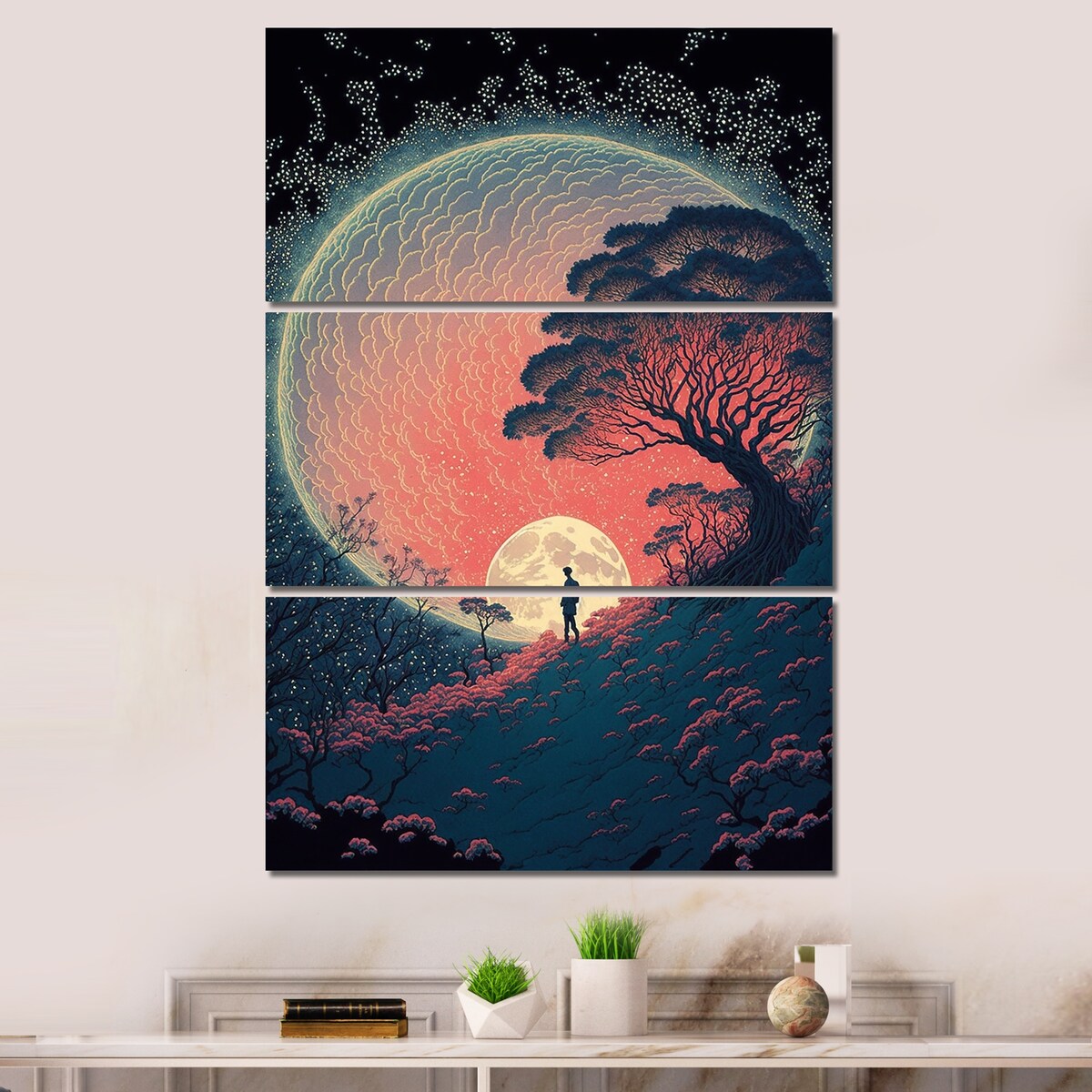 Designart "Walking Towards The Full Moon III" Cottage Lake Mountains Canvas Art Print - 3 Panels