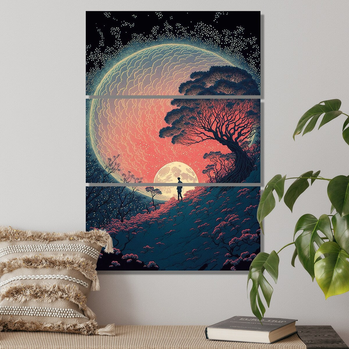 Designart "Walking Towards The Full Moon III" Cottage Lake Mountains Canvas Art Print - 3 Panels