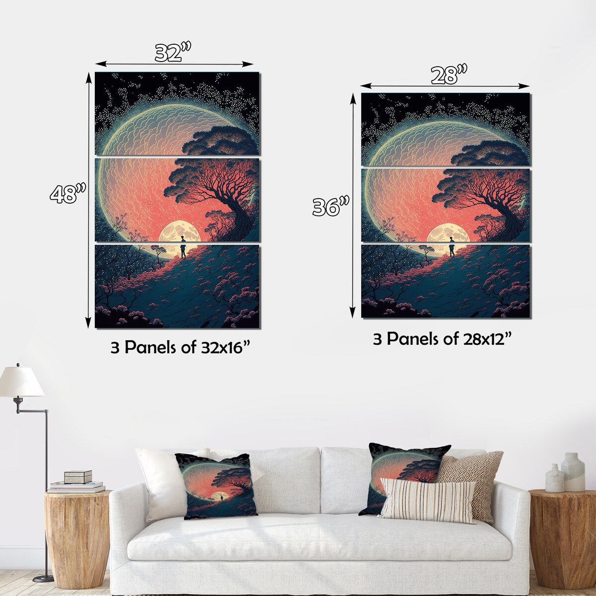 Designart "Walking Towards The Full Moon III" Cottage Lake Mountains Canvas Art Print - 3 Panels