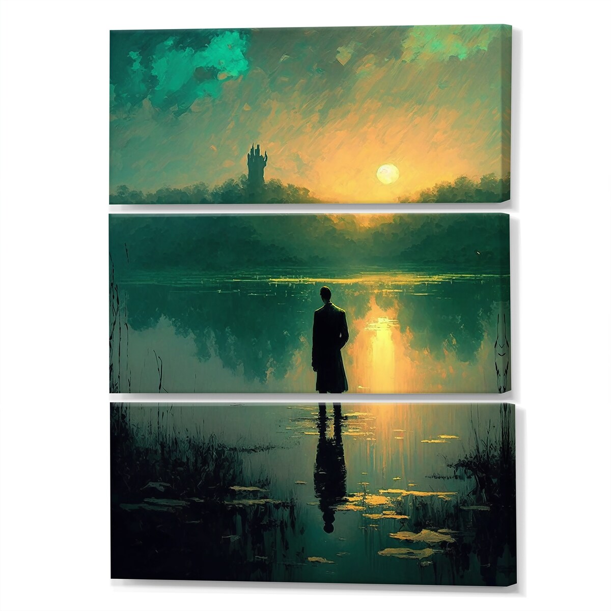 Designart "Watching A Glorious Sunset By The Lake II" Cottage Lake Mountains Canvas Art Print - 3 Panels