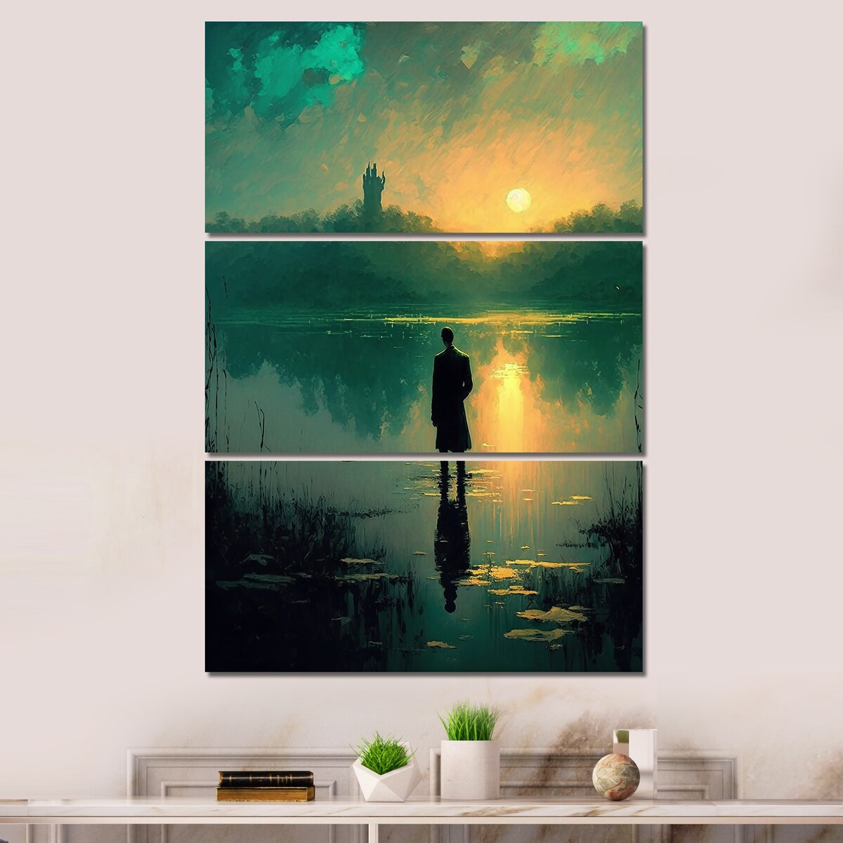 Designart "Watching A Glorious Sunset By The Lake II" Cottage Lake Mountains Canvas Art Print - 3 Panels