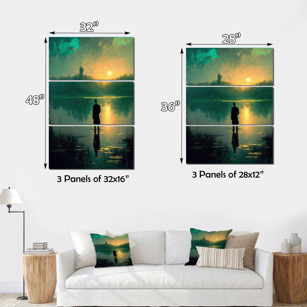 Designart "Watching A Glorious Sunset By The Lake II" Cottage Lake Mountains Canvas Art Print - 3 Panels