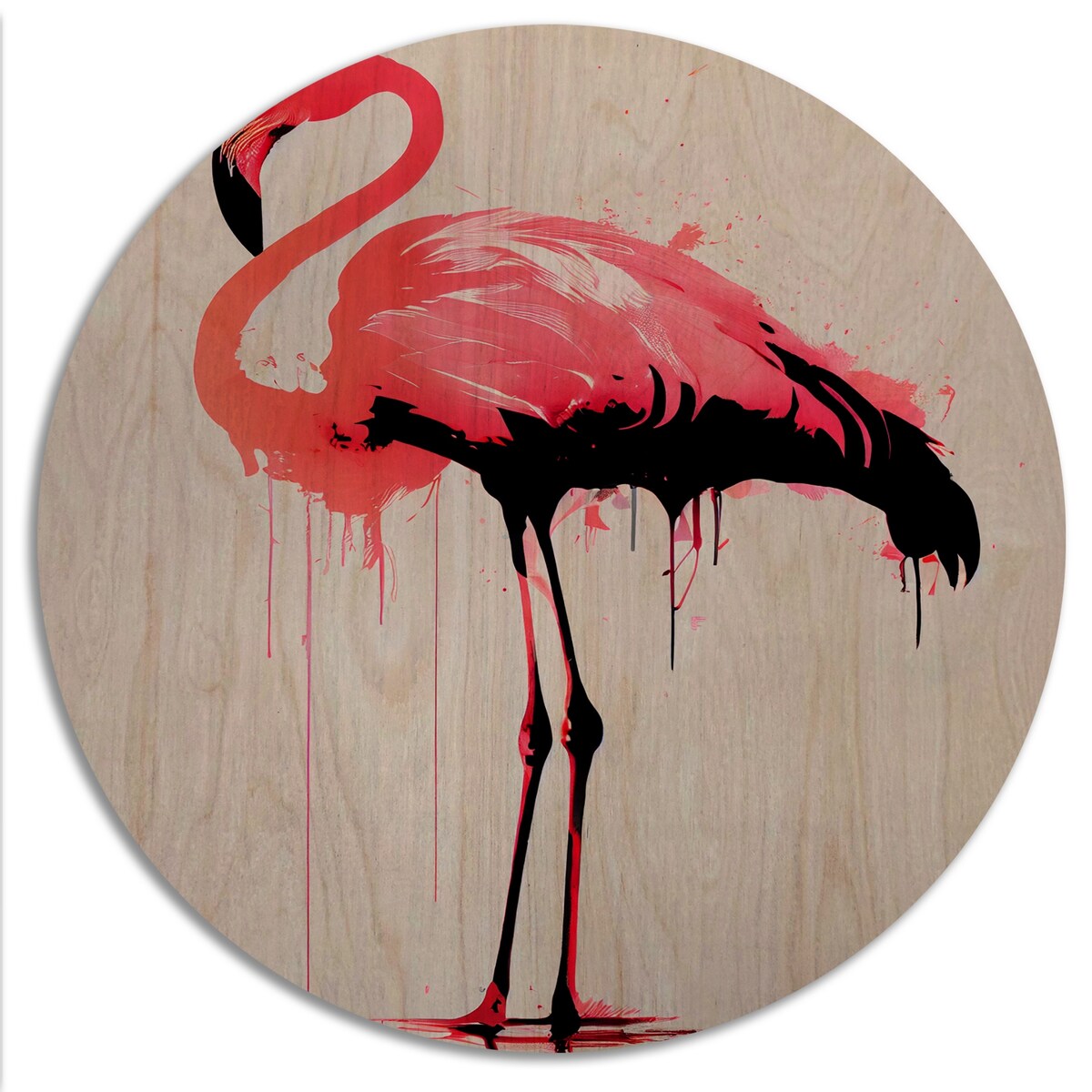 Designart "Watercolour Silhouette Of Pink And Black Flamingo II" Animals Flamingo Wood Wall Art - Natural Pine Wood