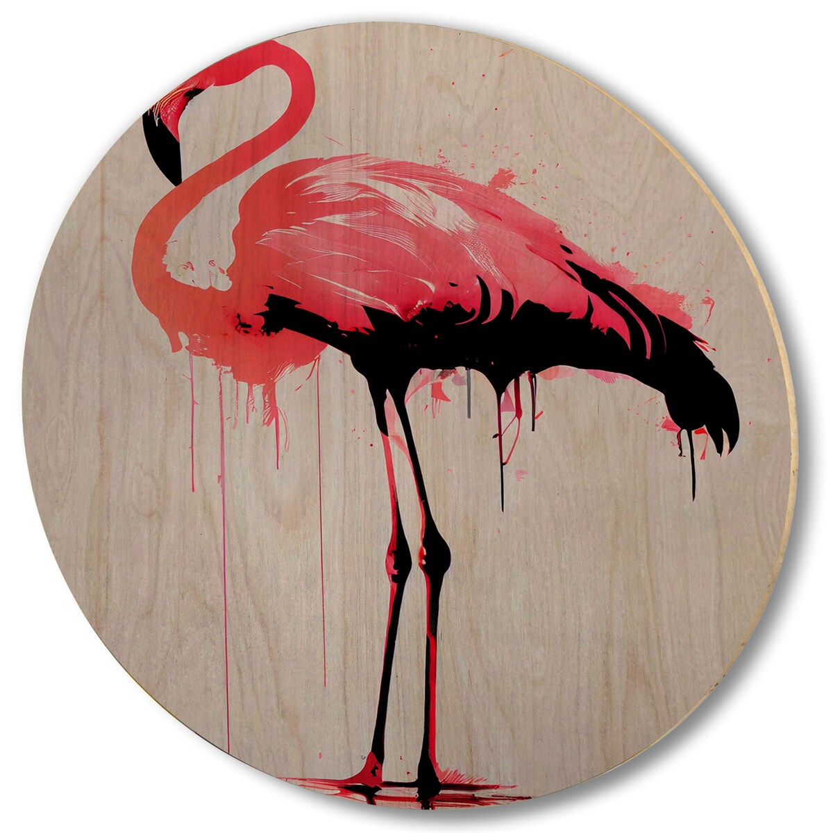 Designart "Watercolour Silhouette Of Pink And Black Flamingo II" Animals Flamingo Wood Wall Art - Natural Pine Wood