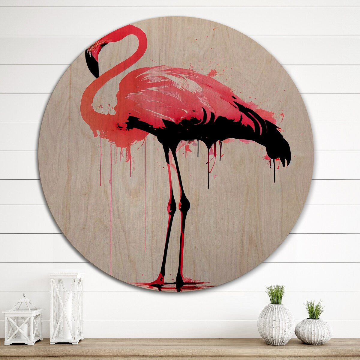 Designart "Watercolour Silhouette Of Pink And Black Flamingo II" Animals Flamingo Wood Wall Art - Natural Pine Wood