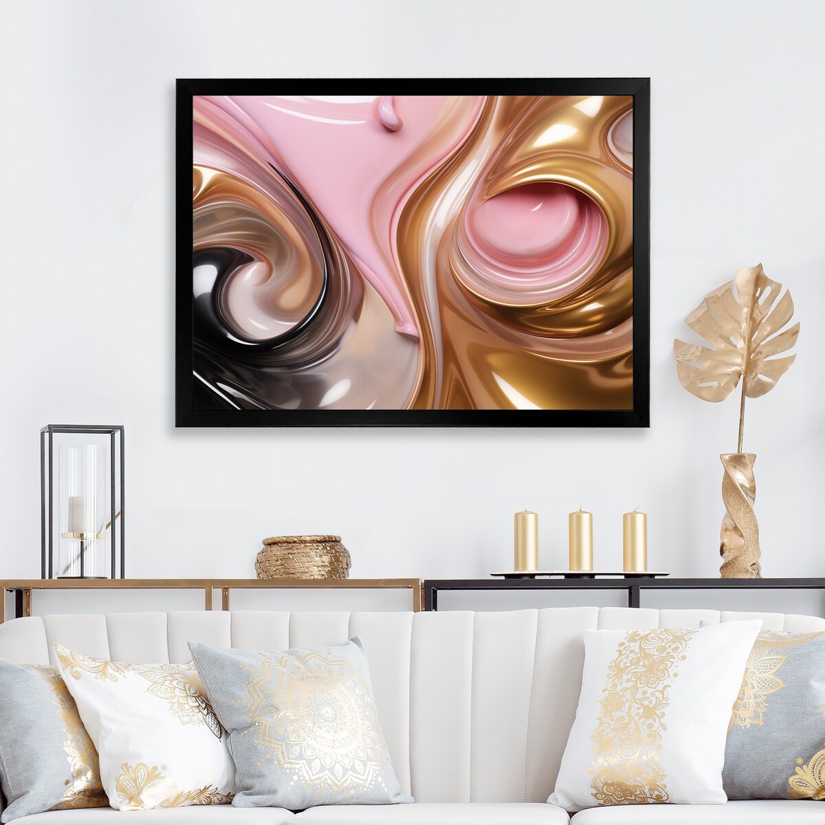 Designart "Whimsical Lquid Pink And Gold Glam Art I" Abstract Shapes Framed Canvas Wall Art