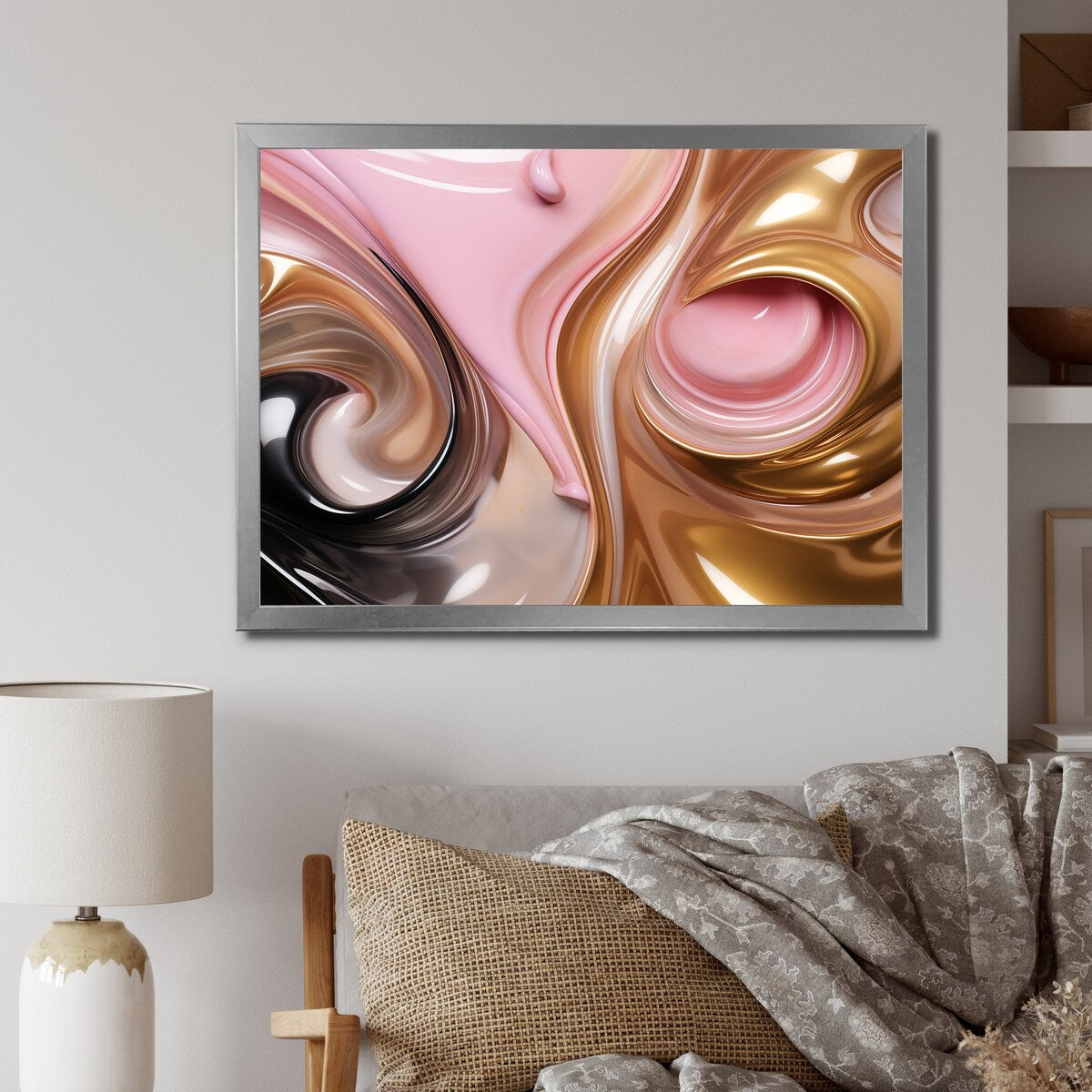 Designart "Whimsical Lquid Pink And Gold Glam Art I" Abstract Shapes Framed Canvas Wall Art