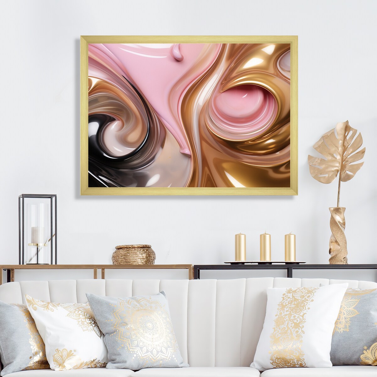 Designart "Whimsical Lquid Pink And Gold Glam Art I" Abstract Shapes Framed Canvas Wall Art