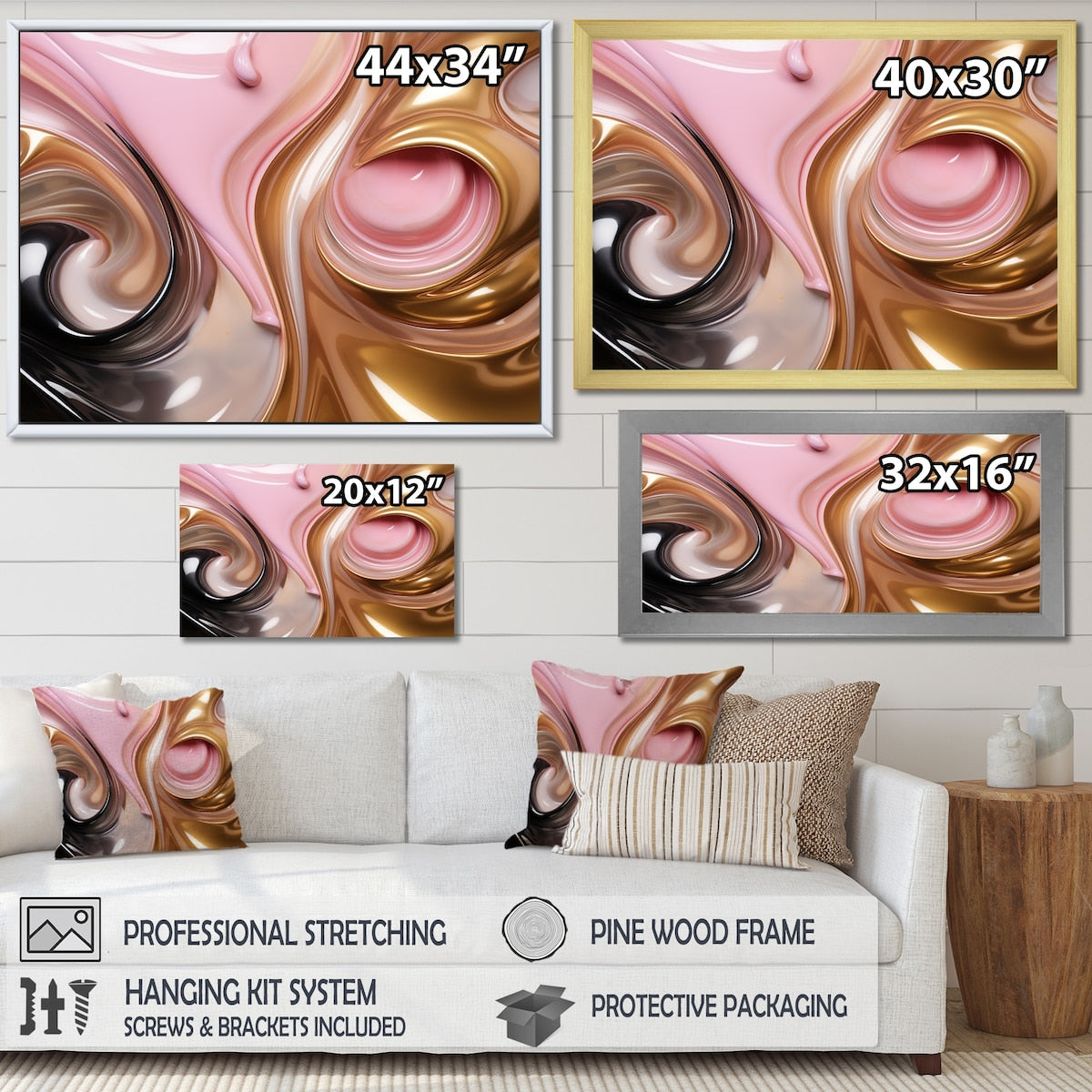 Designart "Whimsical Lquid Pink And Gold Glam Art I" Abstract Shapes Framed Canvas Wall Art