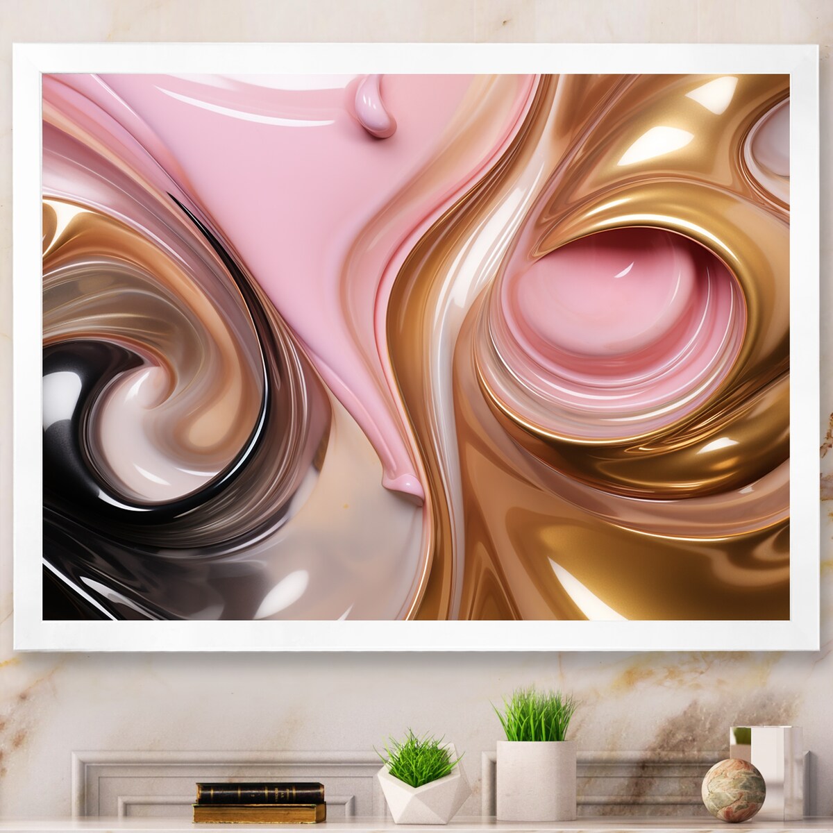 Designart "Whimsical Lquid Pink And Gold Glam Art I" Abstract Shapes Framed Canvas Wall Art