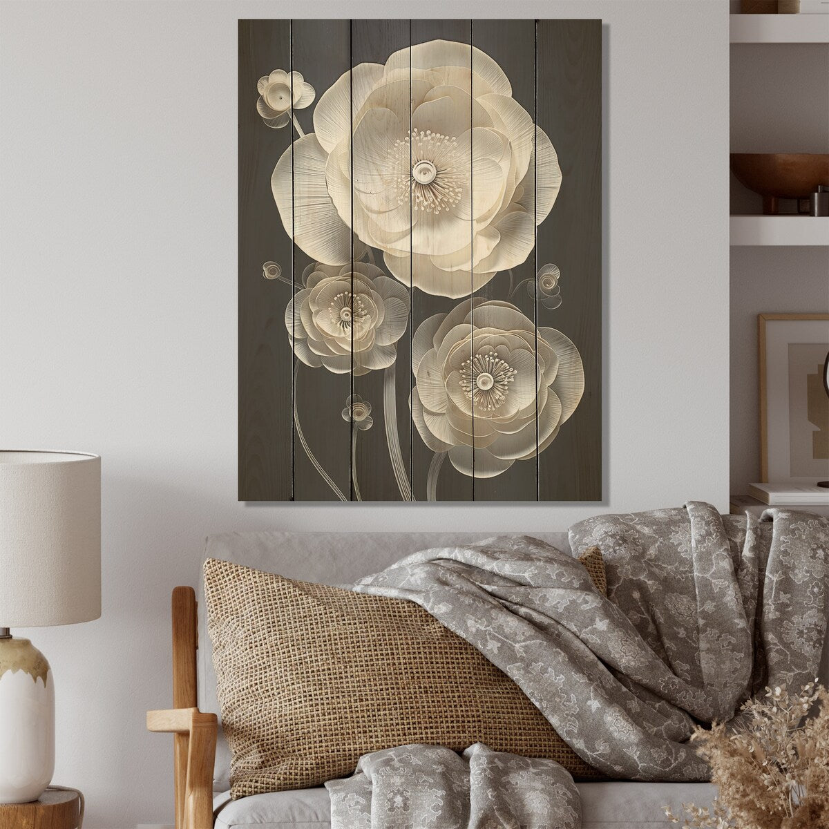 Designart "White And Black Floral Delights In Ranunculus" Ranunculus Wall Art White Wood Panel On Natural Pine Wood