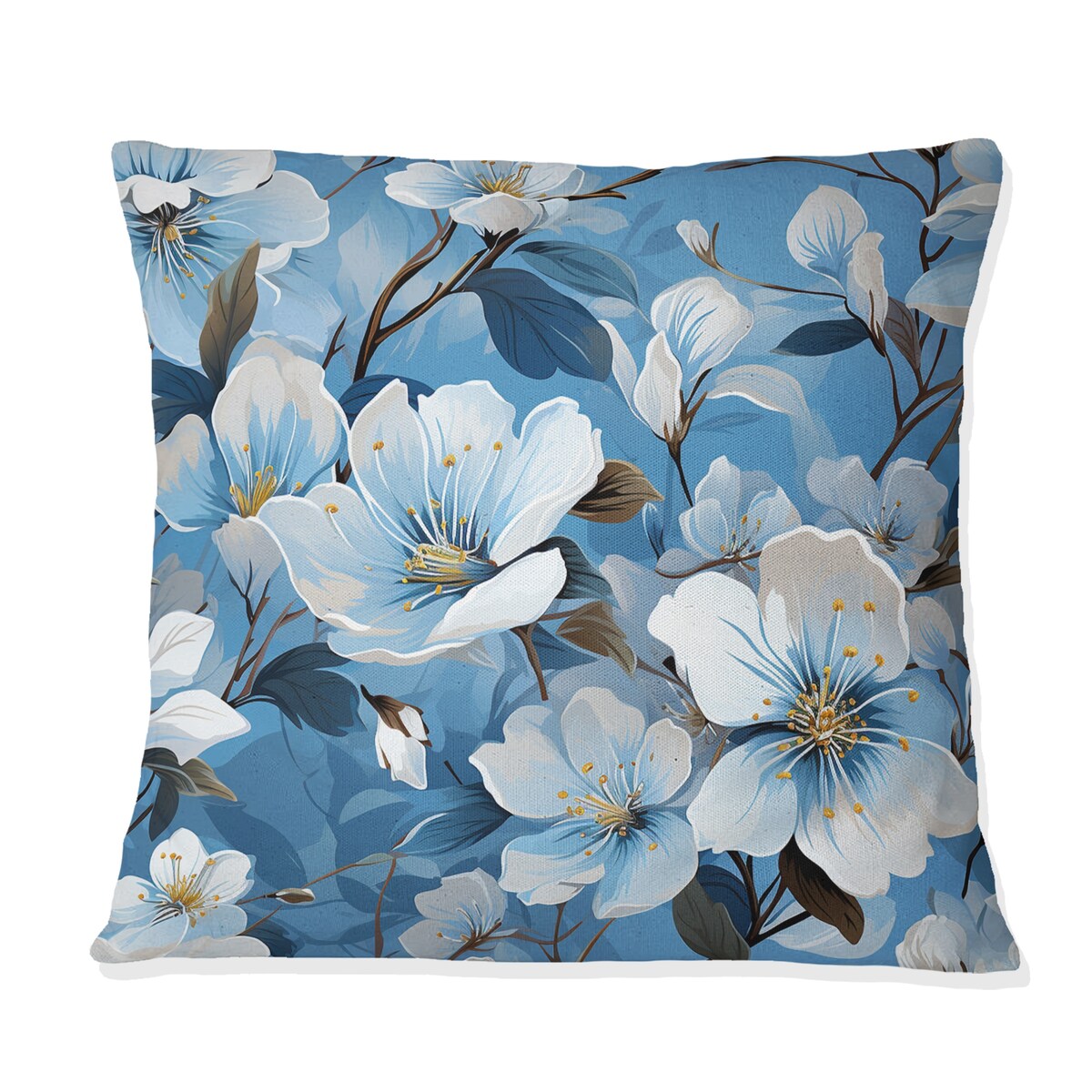 Designart "White And Blue Bliss Floral Pattern II" Floral Printed Throw Pillow