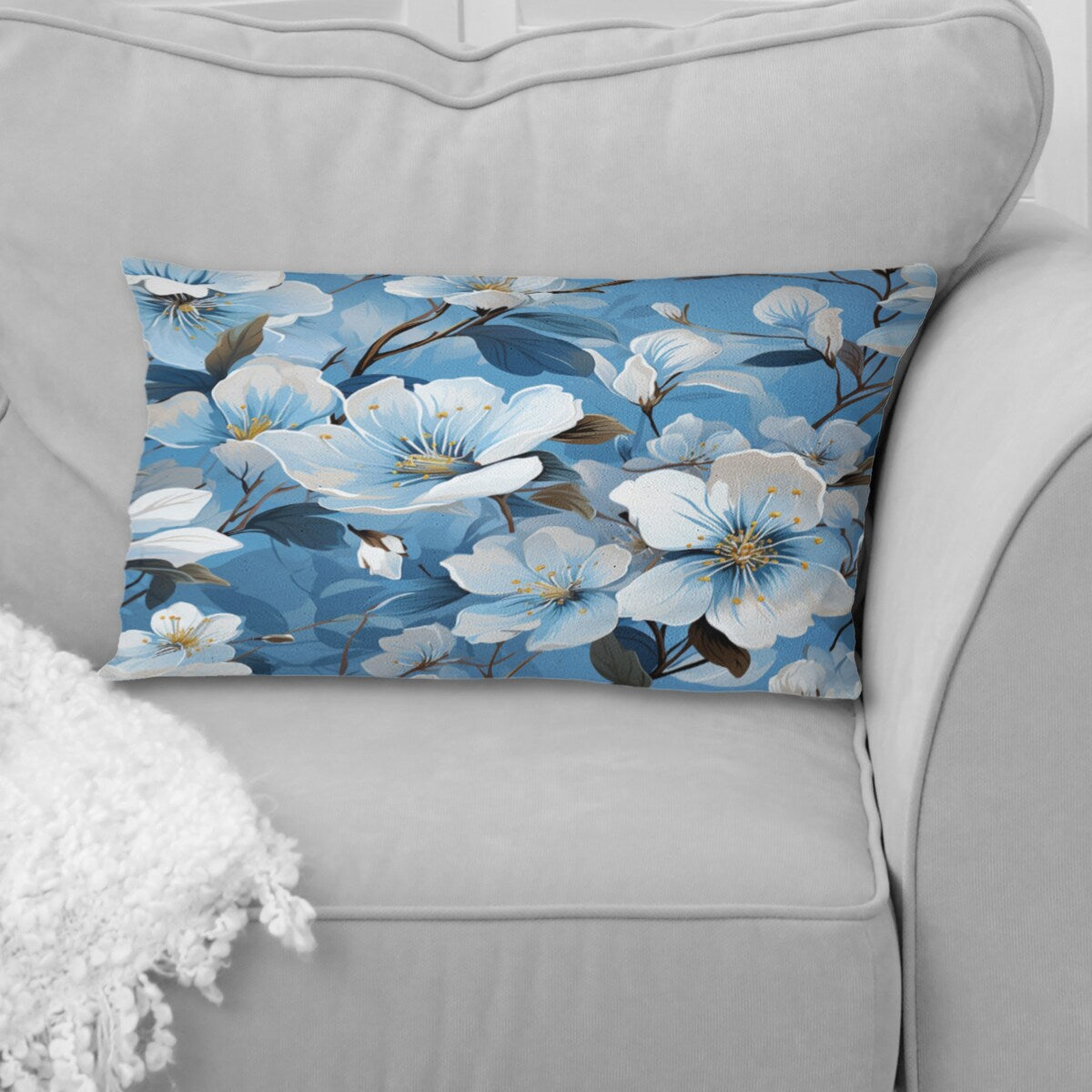 Designart "White And Blue Bliss Floral Pattern II" Floral Printed Throw Pillow