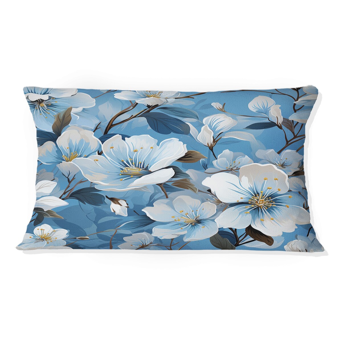 Designart "White And Blue Bliss Floral Pattern II" Floral Printed Throw Pillow