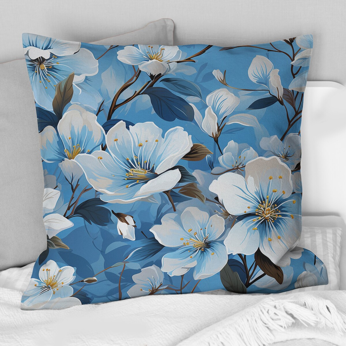 Designart "White And Blue Bliss Floral Pattern II" Floral Printed Throw Pillow