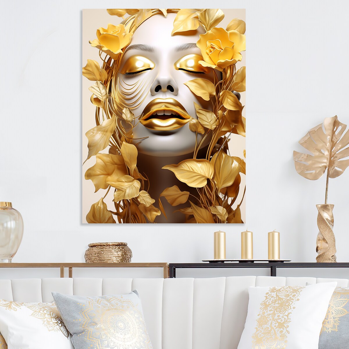 Designart "White And Gold Woman Portrait With Leaves I" Fashion Woman Gold Metal Wall Art - Glam Metal Art Work