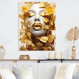 Designart "White And Gold Woman Portrait With Leaves I" Fashion Woman Gold Metal Wall Art - Glam Metal Art Work