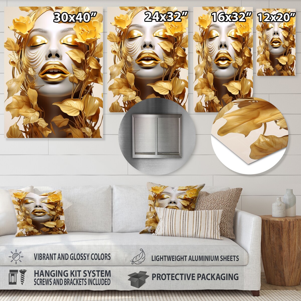 Designart "White And Gold Woman Portrait With Leaves I" Fashion Woman Gold Metal Wall Art - Glam Metal Art Work
