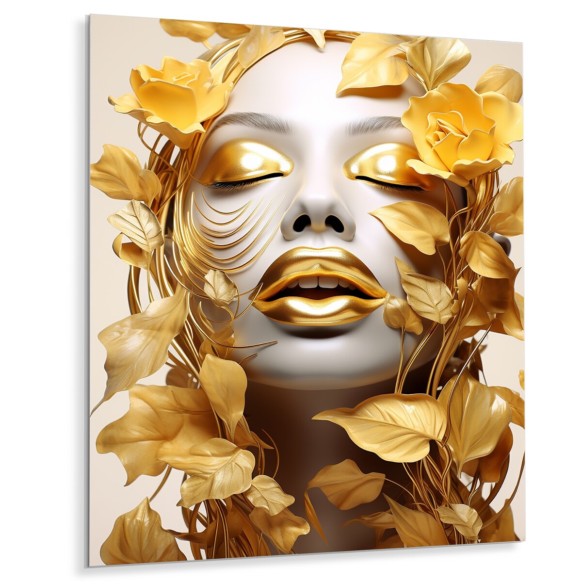 Designart "White And Gold Woman Portrait With Leaves I" Fashion Woman Gold Metal Wall Art - Glam Metal Art Work