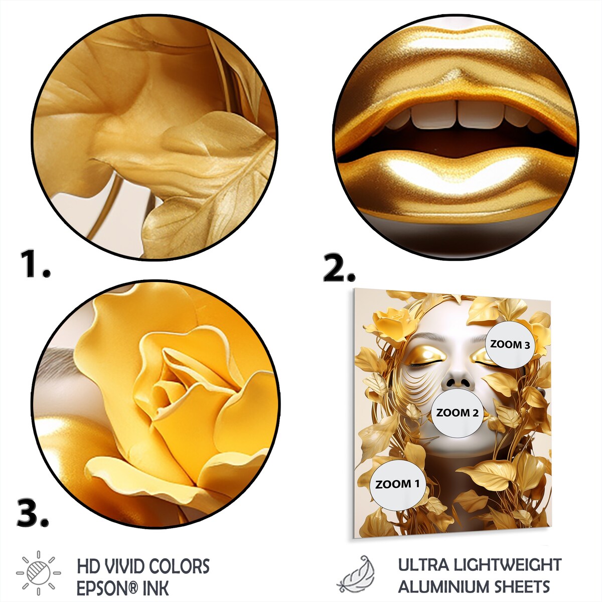Designart "White And Gold Woman Portrait With Leaves I" Fashion Woman Gold Metal Wall Art - Glam Metal Art Work