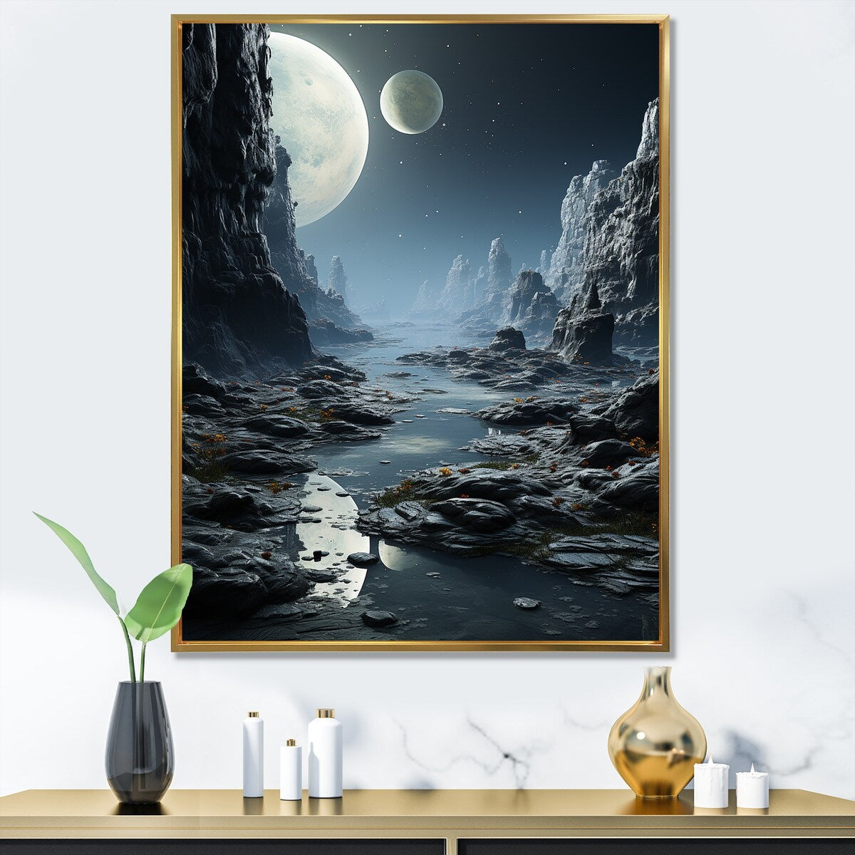 Designart "White And Grey Infinite Cosmos II" Planets Grey Wall Decor - Global Entryway Framed Wall Art Print