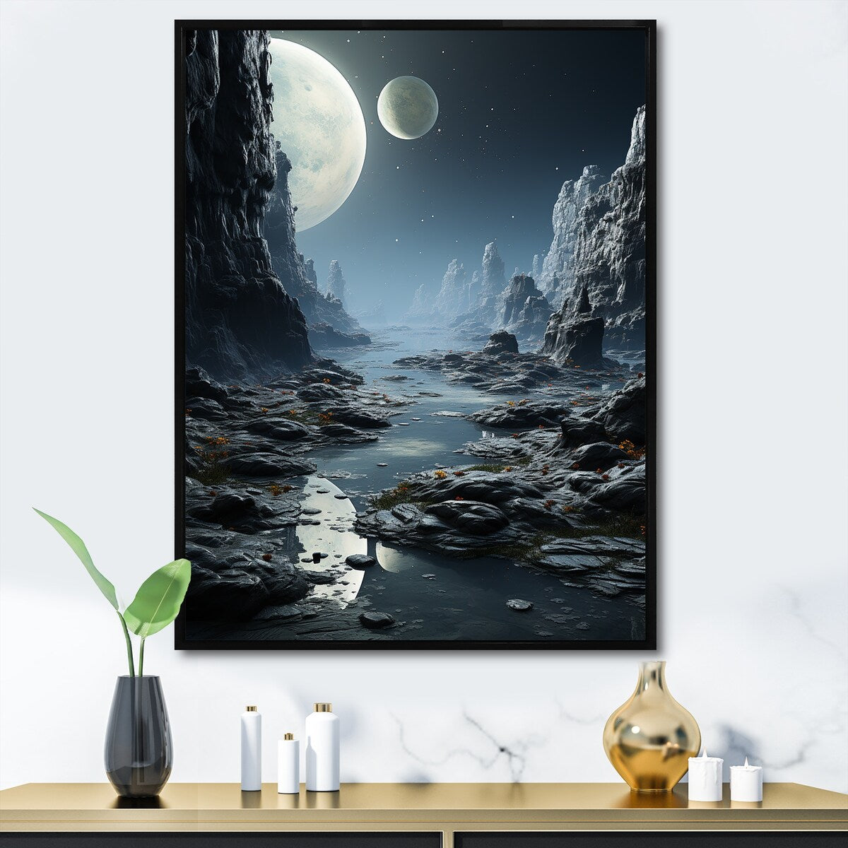 Designart "White And Grey Infinite Cosmos II" Planets Grey Wall Decor - Global Entryway Framed Wall Art Print