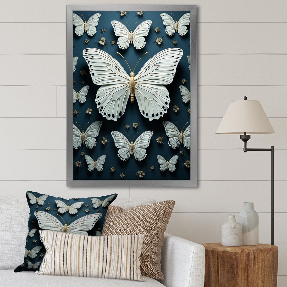 Designart "White Black Butterfly Fluttering Wings Butterflies" Animals Butterfly Framed Wall Decor