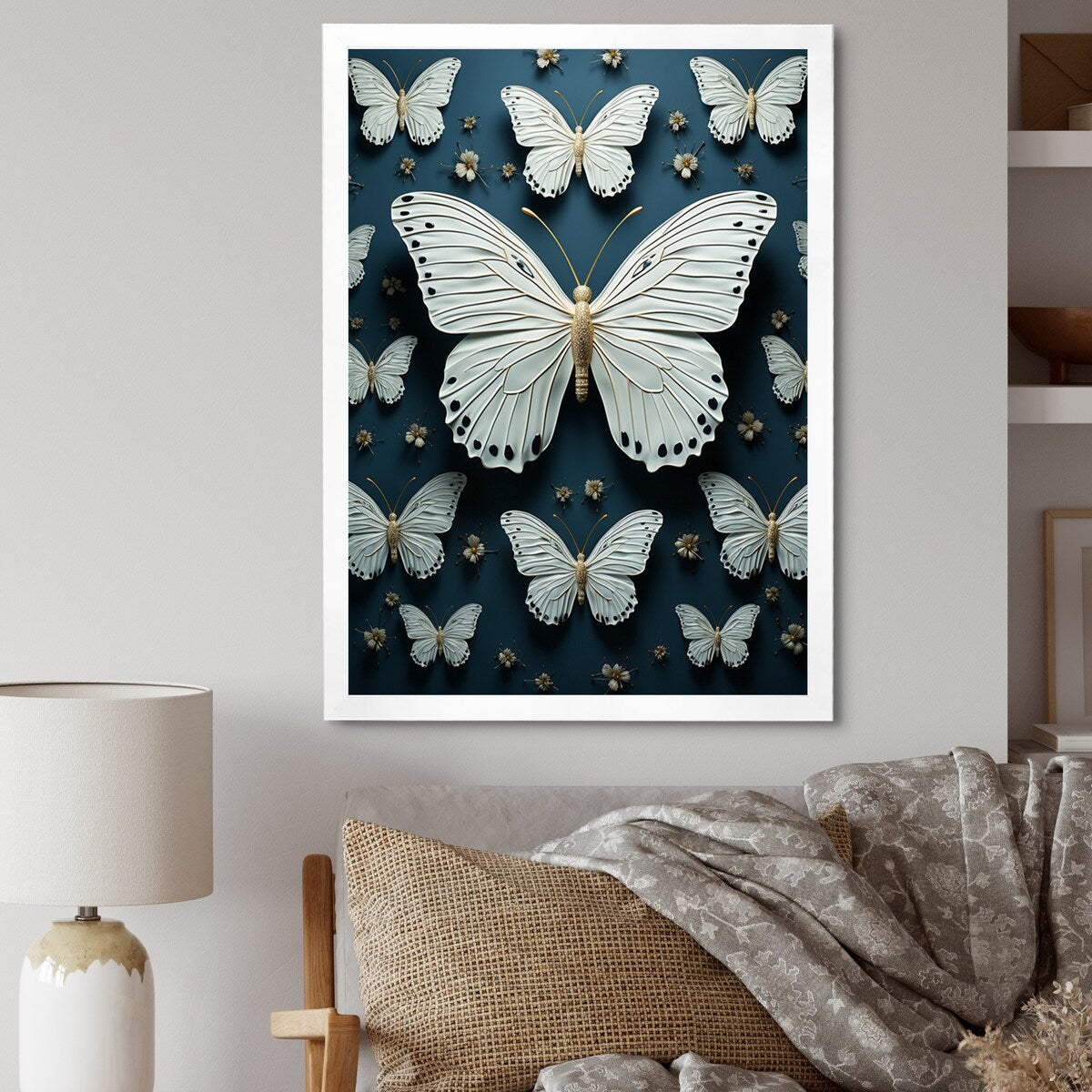 Designart "White Black Butterfly Fluttering Wings Butterflies" Animals Butterfly Framed Wall Decor