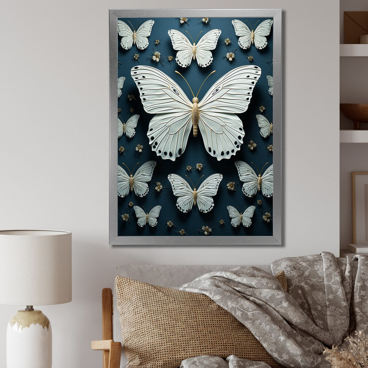 Designart "White Black Butterfly Fluttering Wings Butterflies" Animals Butterfly Framed Wall Decor