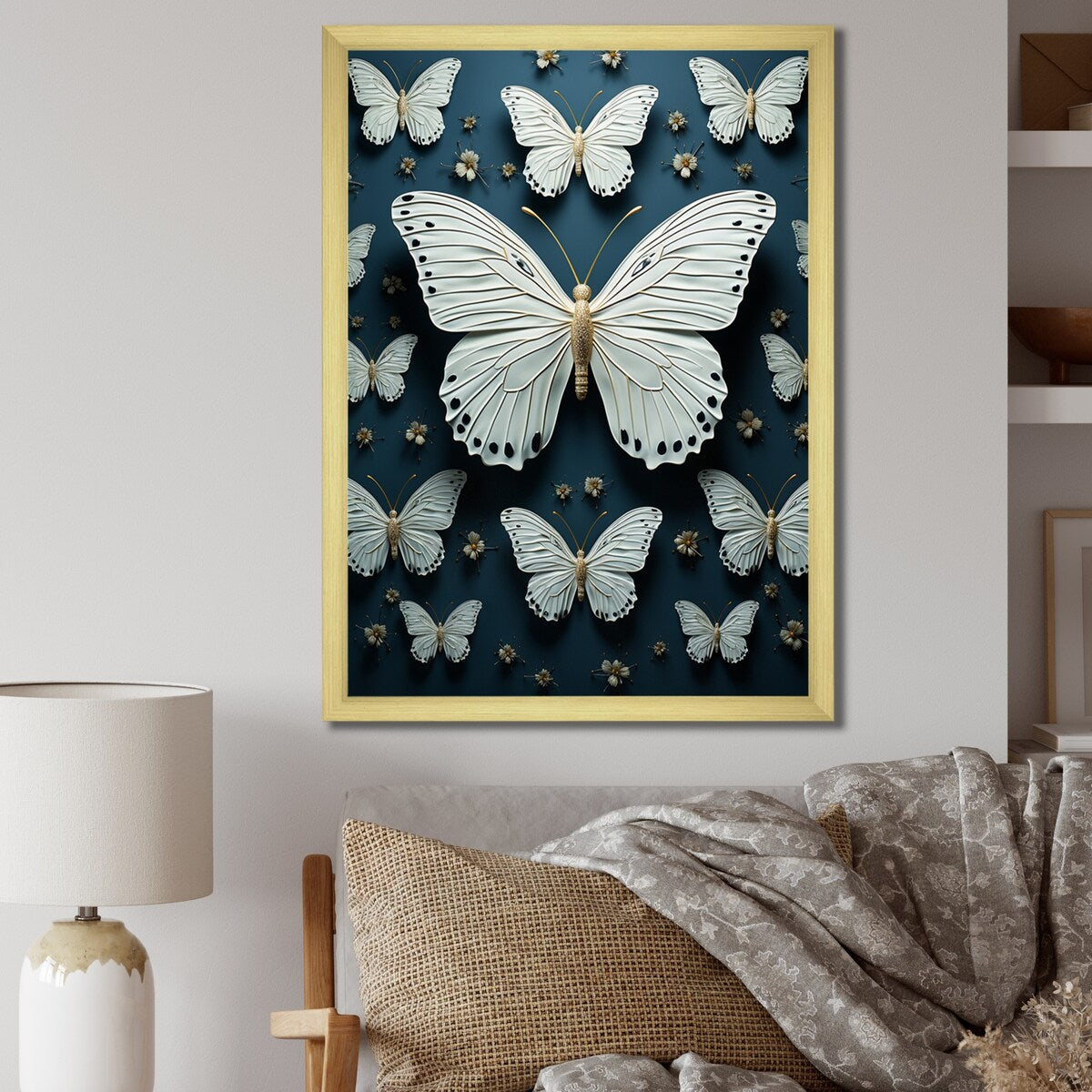 Designart "White Black Butterfly Fluttering Wings Butterflies" Animals Butterfly Framed Wall Decor